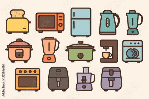 Colorful vector icons of kitchen appliances with simple design