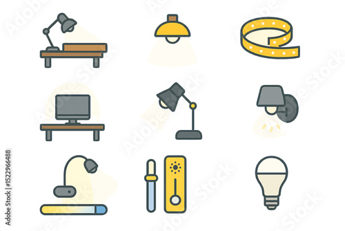 Modern home lighting icons on yellow background