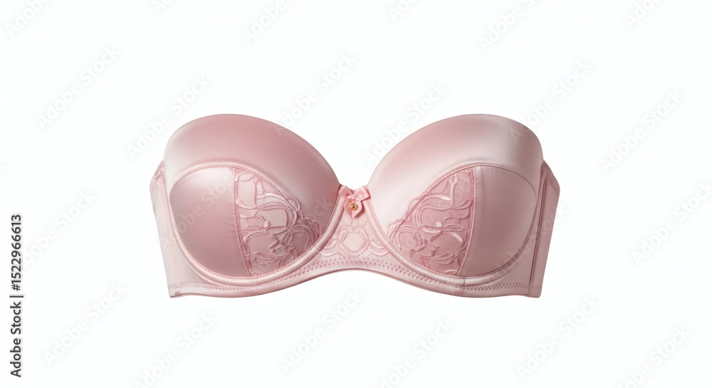 Elegant light pink strapless bra with delicate embroidery on a white background Elegant light pink strapless bra with delicate embroidery on a white background