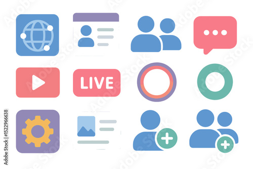 Neon interface icons on blurred background featuring multimedia and social elements