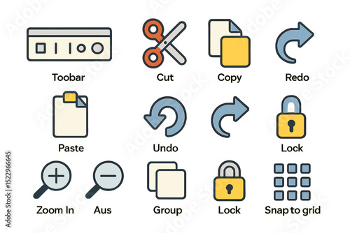 Set of 12 colorful ui icons: tools for editing, locking, grouping, and layout adjustments