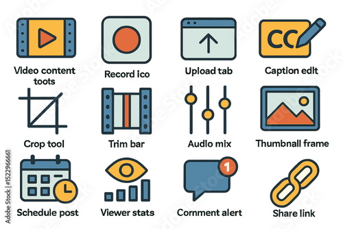 Video editing tools icons: trim, caption, upload, crop, audio mix, share