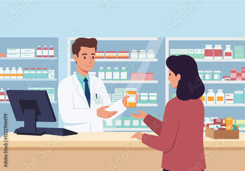 Flat vector of a pharmacist handing over medicine to a customer across a pharmacy counter