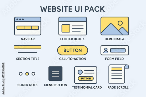 Website ui pack with nav bar, footer block, hero image, buttons, and forms