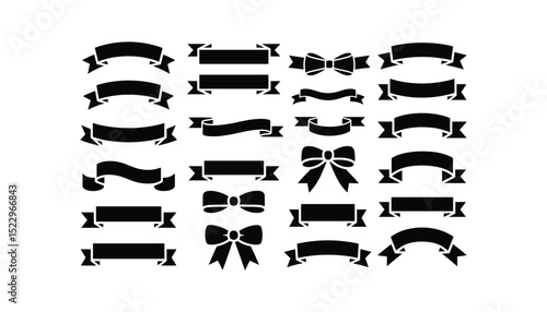 Black Silhouette Ribbon and Bow Vector Set Decorative Banner Elements Collection