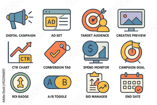 Digital marketing tools and icons for campaign management and analysis
