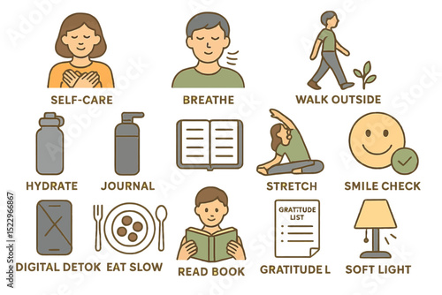 Wellness habits: self-care, breathing, hydration, journaling, digital detox, outdoor activities