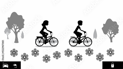 Bike ride silhouette park scene nature bicycle tree outdoor activity leisure exercise black and white peaceful
