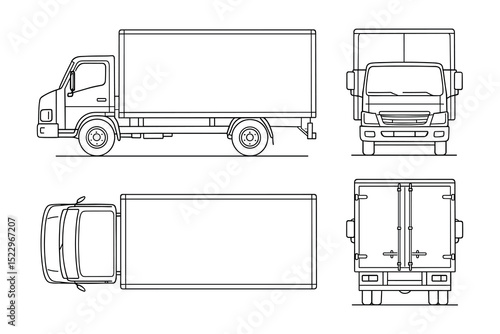 Detailed vector illustration of a box truck shown from the side, front, top, and back views.