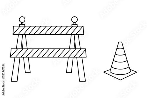 Detailed vector graphic of a road barrier and cone, ideal for illustrating construction safety.