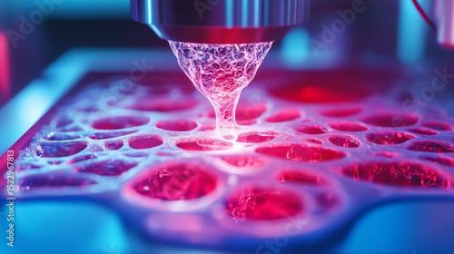 Close-up of vibrant pink and blue liquid dispensed into a patterned