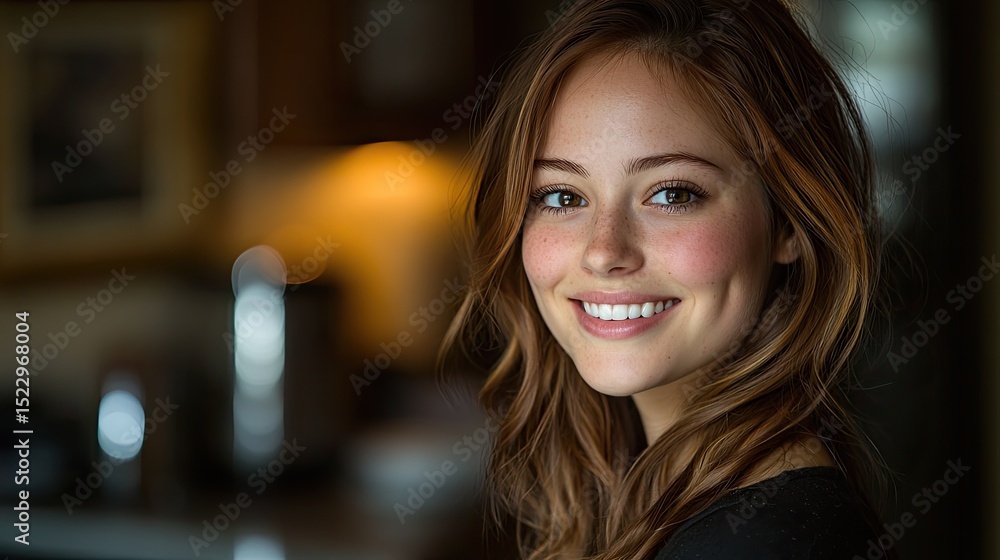 Obraz premium Smiling woman indoors, home portrait, warm lighting