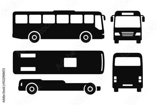 Detailed vector silhouette illustration of a city bus shown from the side, front, and top.