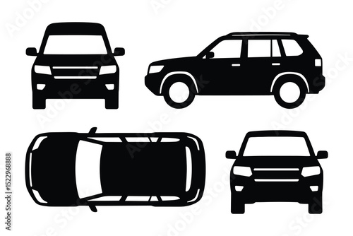 Detailed vector silhouette illustration of an SUV shown from the side, front, and top views.