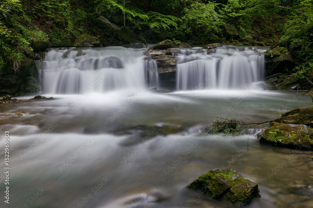 Obraz premium Waterfall in the mountains, river rapids, fast flow, Scenic view of pristine Carpathian nature with crystal clear water cascading over mossy rocks. Photo wallpaper, beauty of nature and the Earth.