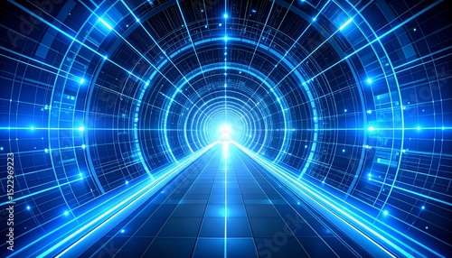 Futuristic glowing blue tunnel. Abstract digital art. Perfect for technology, sci-fi, and virtual reality concepts.