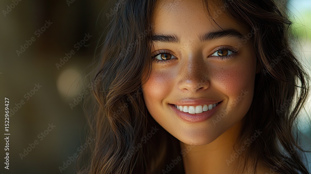Smiling woman outdoors, natural light, happy face, blurred background Smiling woman outdoors, natural light, happy face, blurred background