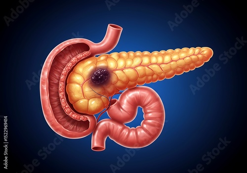 Illustration of the human pancreas with tumor and digestive system