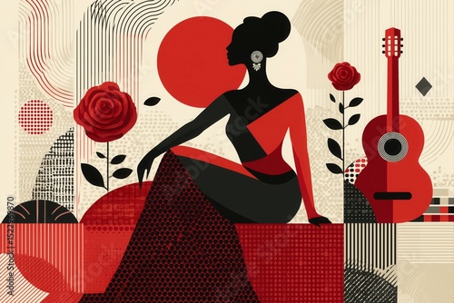 Illustrated poster-style image of a flamenco dancer in bold colors and stylized lines, surrounded by roses, guitars, and rhythmic patterns.