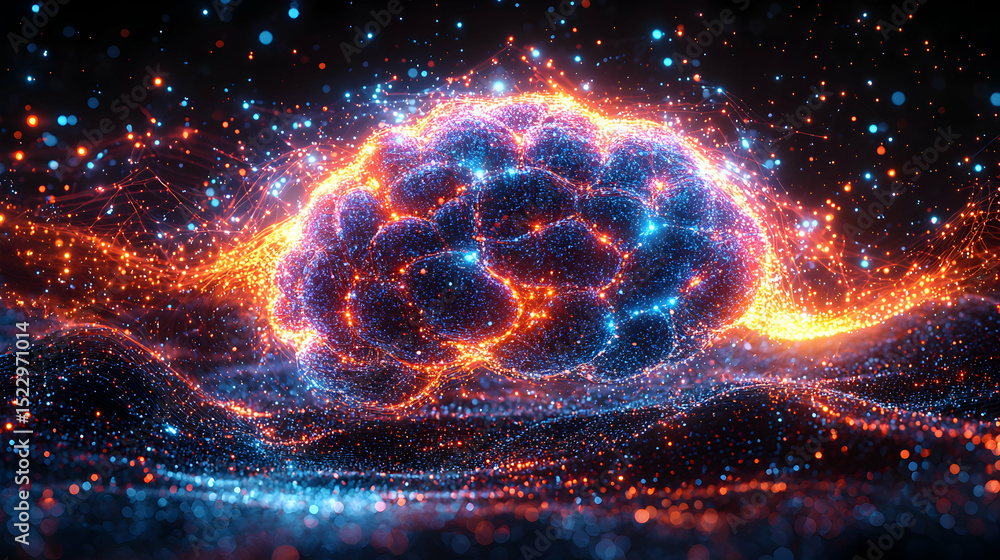 Obraz premium Glowing Brain Shape Formed by Sparkles with Digital Connectivity Concept