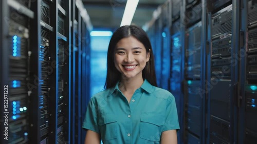 A smiling woman standing in a server room, surrounded by tech equipment. The woman looks directly at the viewer, with a warm and confident expression. The image is well-lit.