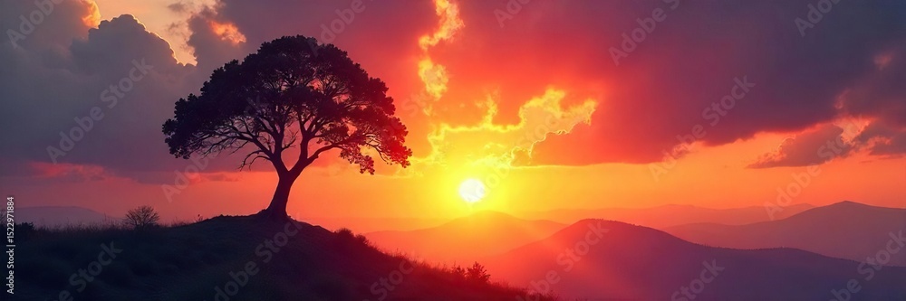 Fototapeta premium Silhouette of a tree reaching towards a vibrant sunrise, symbolizing growth and spiritual awakening A powerful image representing hope, ascension, and inner peace , nature, spiritual, environment