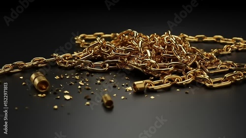 A tangled heap of shiny gold chains and broken links scattered on a dark surface, emphasizing luxury