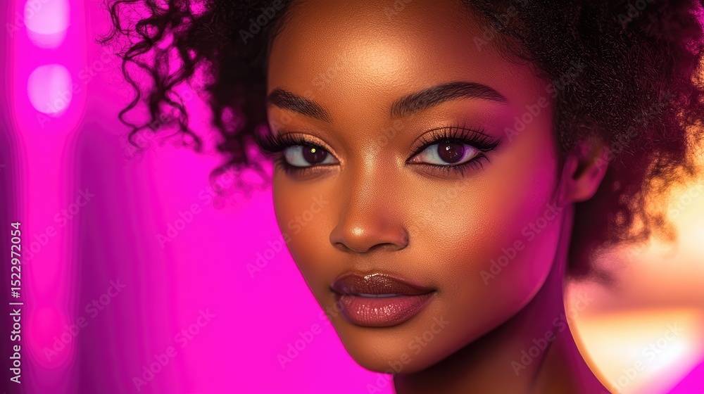 Stylish woman, studio portrait, pink lights, makeup Stylish woman, studio portrait, pink lights, makeup