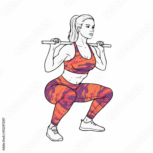 A focused fit woman doing a squat exercise with a body bar on a white background [with spaces for text]