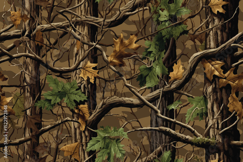 Vector camouflage design. Seamless pattern. Hunting camouflage pattern. Real tree hunting camo. Digital camouflage. Forest background. Jungle texture. Abstract