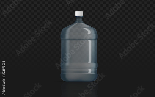 A large, transparent plastic bottle, commonly used for water dispensers, stands prominently on a dark, reflective surface. Its realistic rendering highlights a clean, modern design.
