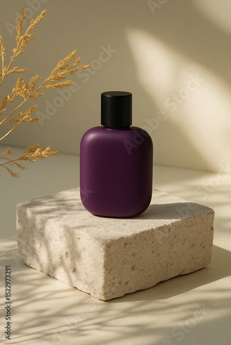 Elegant Purple Perfume Bottle on Stone Block with Dried Flowers Natural Product Photography