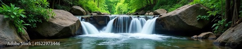 Serene cascading waterfall flowing into a crystal-clear creek, surrounded by lush green foliage and smooth rocks Perfect for nature, travel, and environmental themes , woods, tranquil
