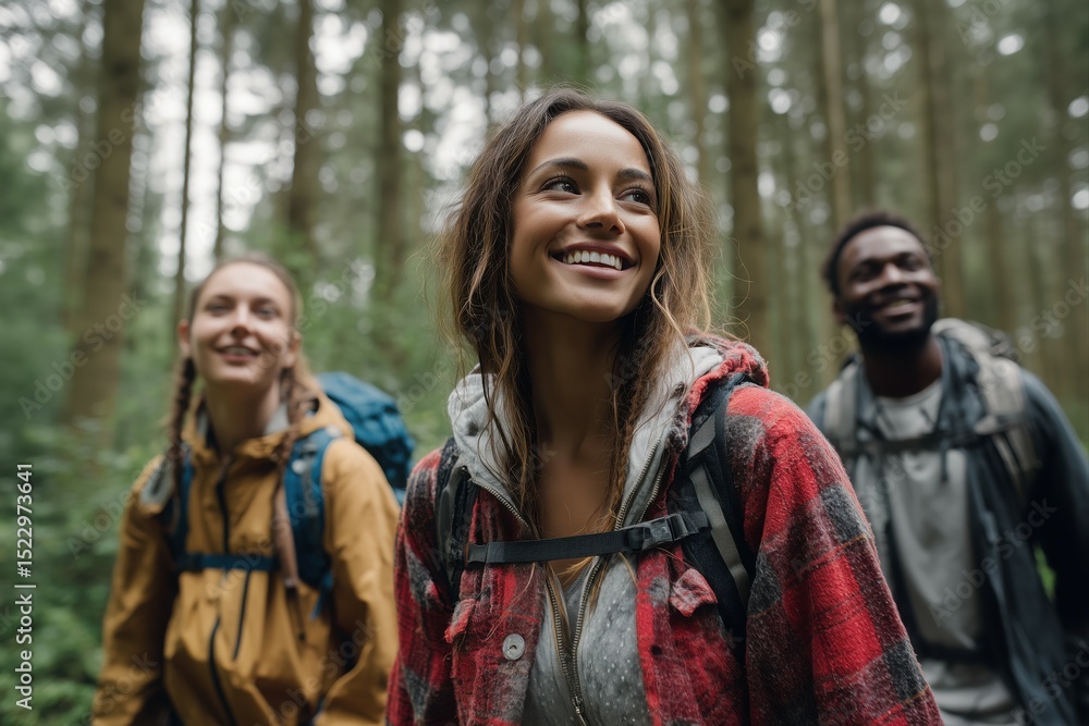 Fototapeta premium Full body shot of diverse, multiethnic friends hiking in a forest together.