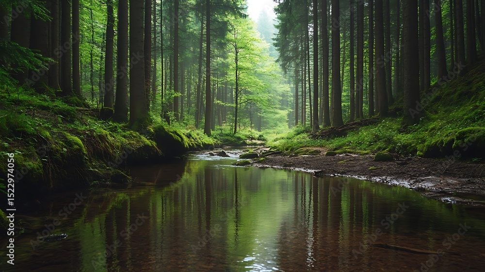 Fototapeta premium Tranquil forest stream reflecting lush greenery.