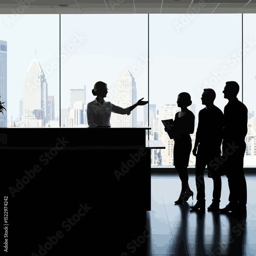 Friendly Receptionist Greeting Clients at Front Desk in High-Rise Office Building Lobby