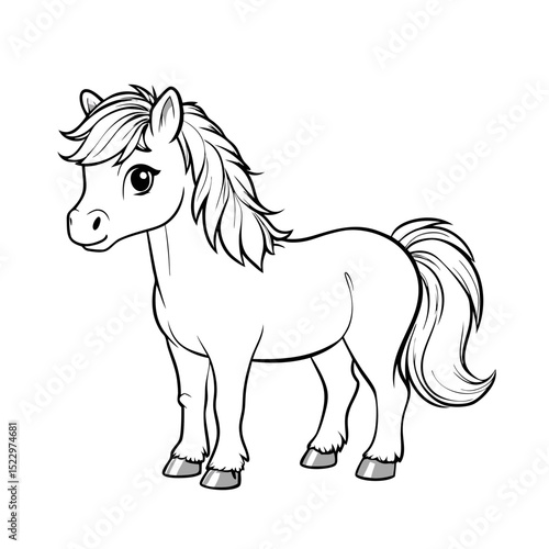 Cute cartoon pony illustration in outline style for children's coloring book