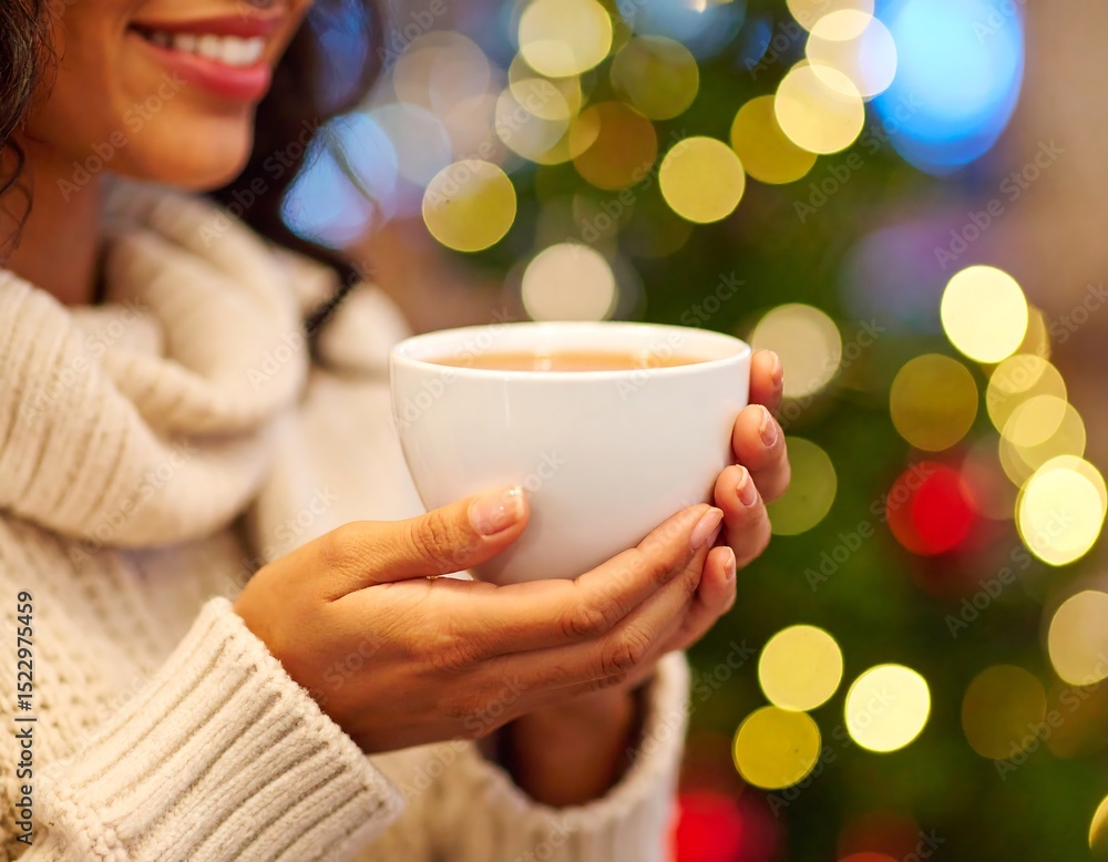 Woman enjoying hot beverage near Christmas tree Woman enjoying hot beverage near Christmas tree