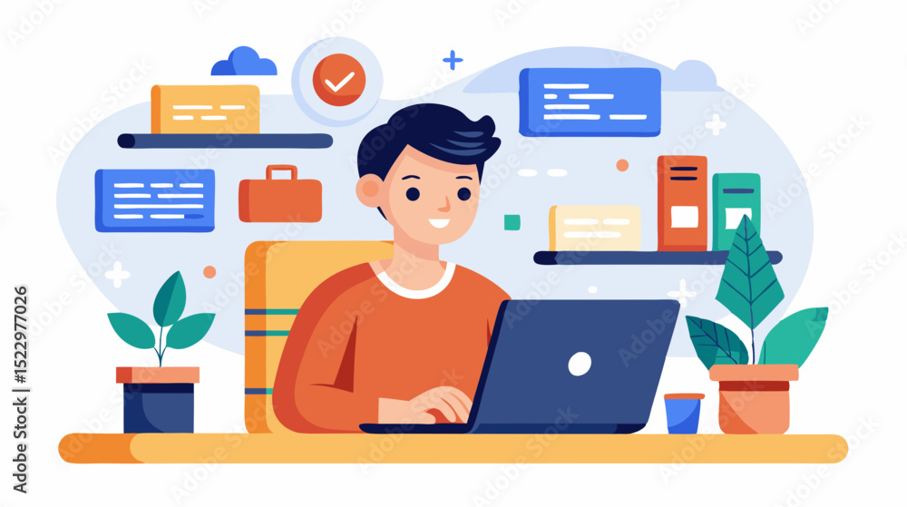 Young Programmer Working on Laptop in Modern Workspace Illustration Young Programmer Working on Laptop in Modern Workspace Illustration