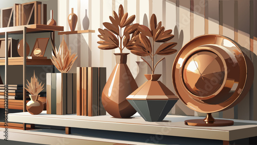 Bronze accent pieces sit neatly on the side shelf. Their muted metallic glow brings grounded warmth, contrast, art, elegance, and subtle depth to the modern white living room.

