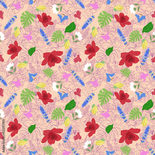 Colorful floral pattern on soft pink background
