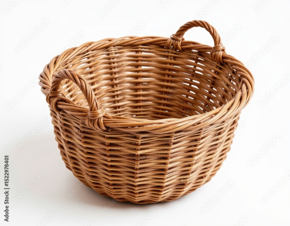 Obraz premium Empty wicker basket isolated on white background, rustic woven texture for storage and decor