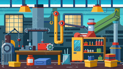 Modern Industrial Workshop Interior with Machines and Tools – Vector Factory Illustration