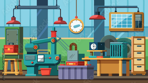 Modern Industrial Workshop Interior with Machines and Tools – Vector Factory Illustration
