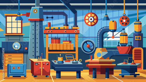 Modern Industrial Workshop Interior with Machines and Tools – Vector Factory Illustration