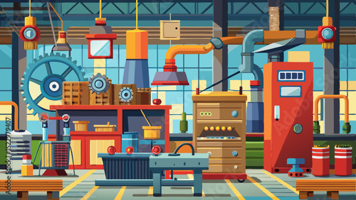 Modern Industrial Workshop Interior with Machines and Tools – Vector Factory Illustration