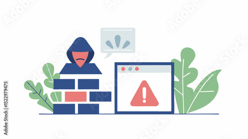 Hacker breaking through firewall triggers system alert in pastel vector art with simple shapes and clean