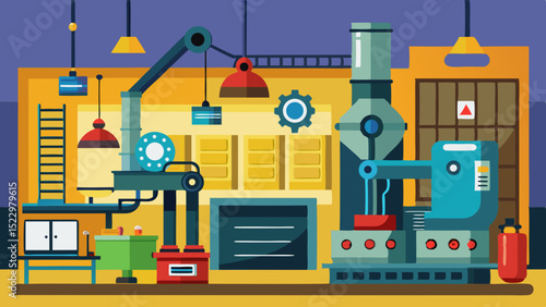 Modern Industrial Workshop Interior with Machines and Tools – Vector Factory Illustration