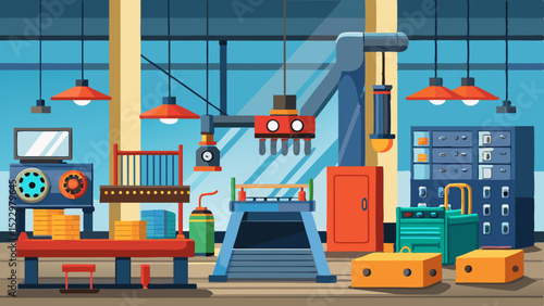 Modern Industrial Workshop Interior with Machines and Tools – Vector Factory Illustration