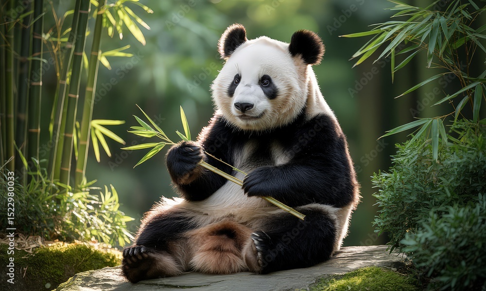 Fototapeta premium Giant panda eating bamboo in bamboo forest